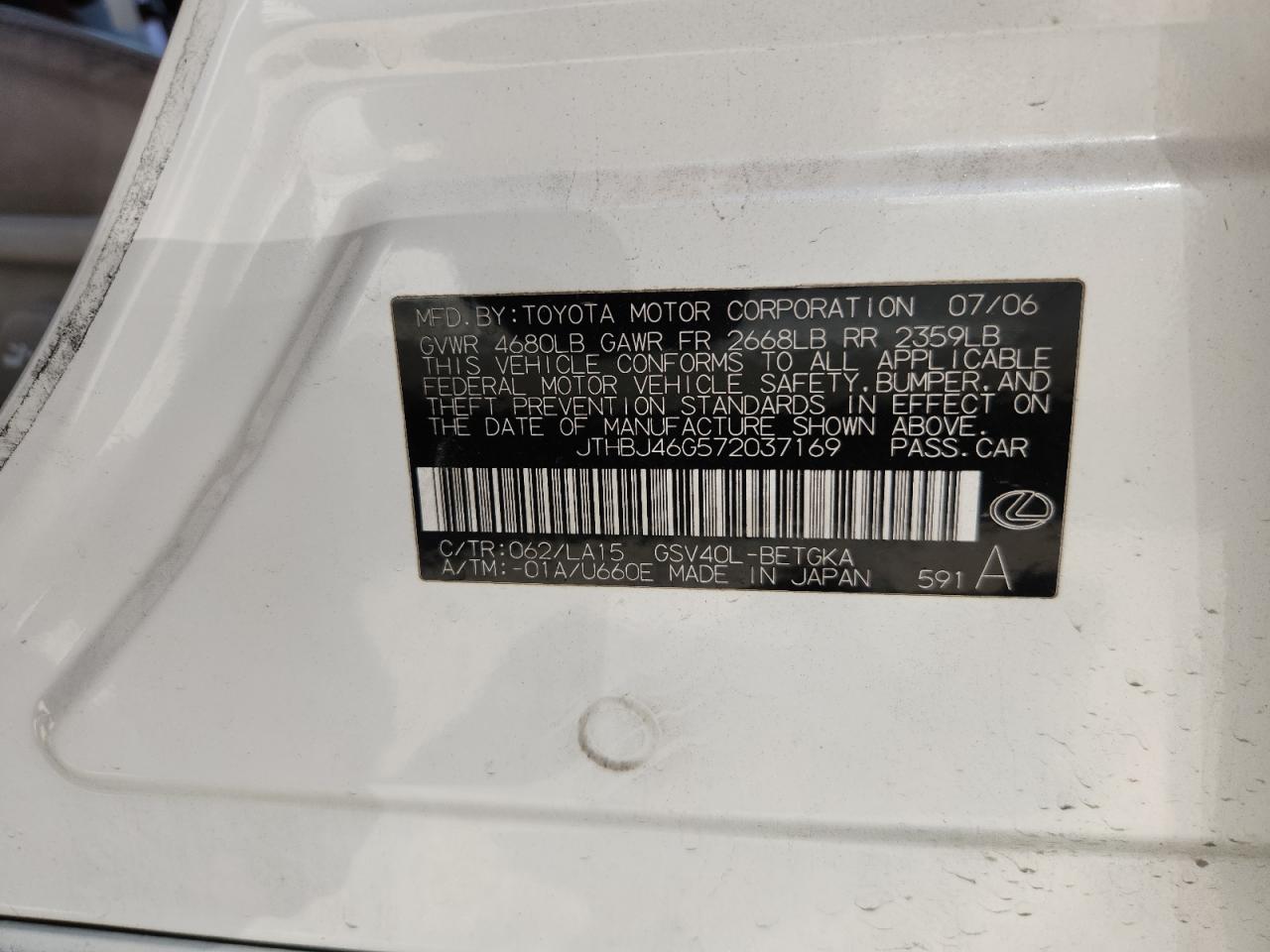 2007 Lexus Es 350 VIN: JTHBJ46G572037169 Lot: 67967635