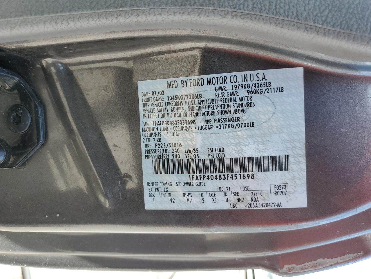 2003 Ford Mustang VIN: 1FAFP40483F451698 Lot: 69123095