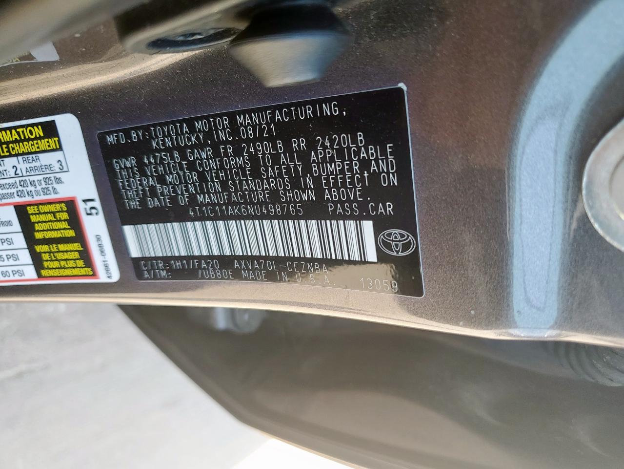 4T1C11AK6NU498765 2022 Toyota Camry Le