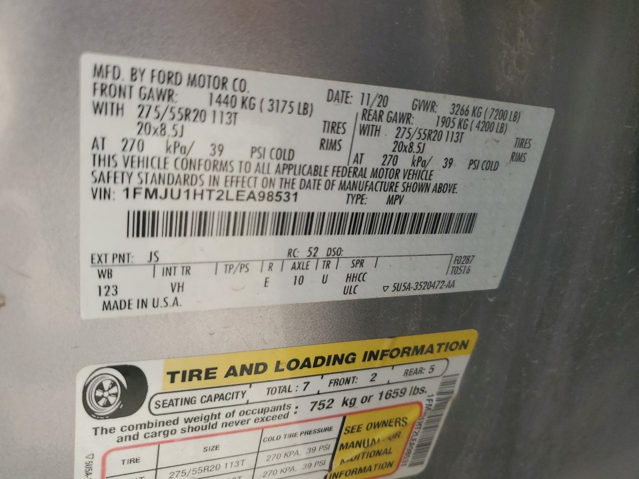 2020 Ford Expedition Xlt VIN: 1FMJU1HT2LEA98531 Lot: 63555835