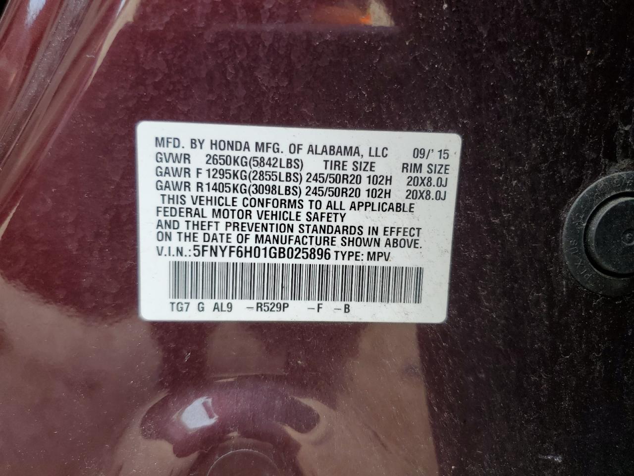 2016 Honda Pilot Elite VIN: 5FNYF6H01GB025896 Lot: 68533435