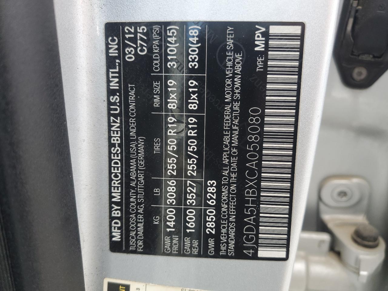 2012 Mercedes-Benz Ml 350 4Matic VIN: 4JGDA5HBXCA058080 Lot: 67449015