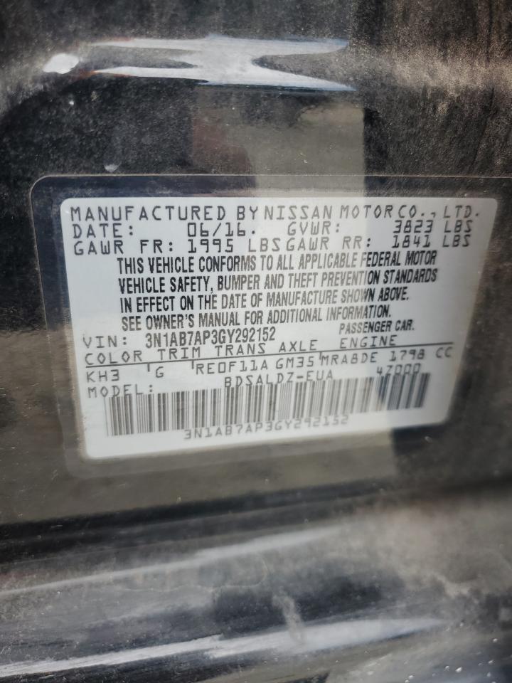 2016 Nissan Sentra S VIN: 3N1AB7AP3GY292152 Lot: 69643265