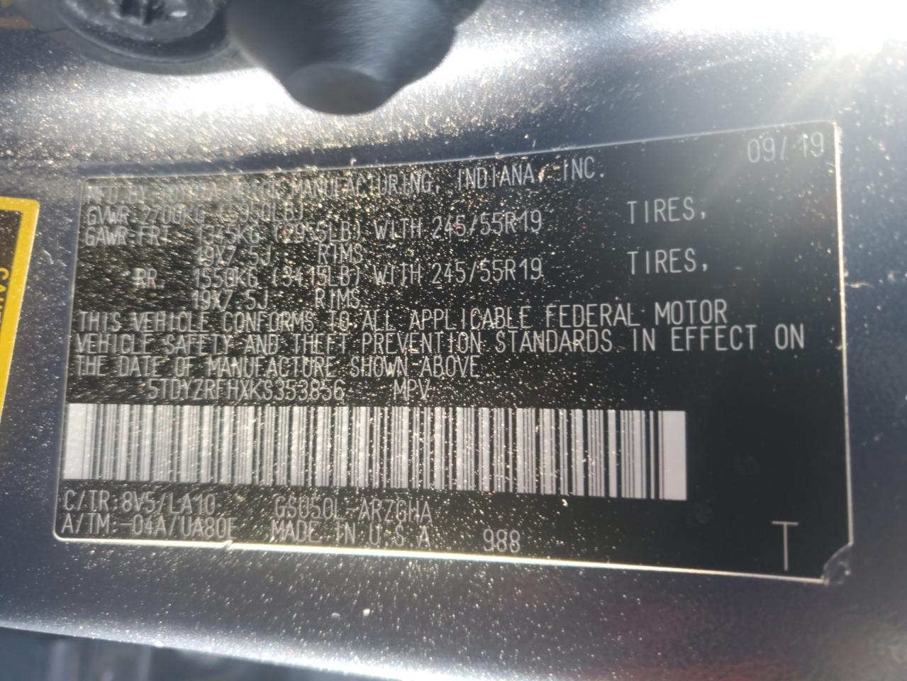 2019 Toyota Highlander Limited VIN: 5TDYZRFHXKS353856 Lot: 70135945