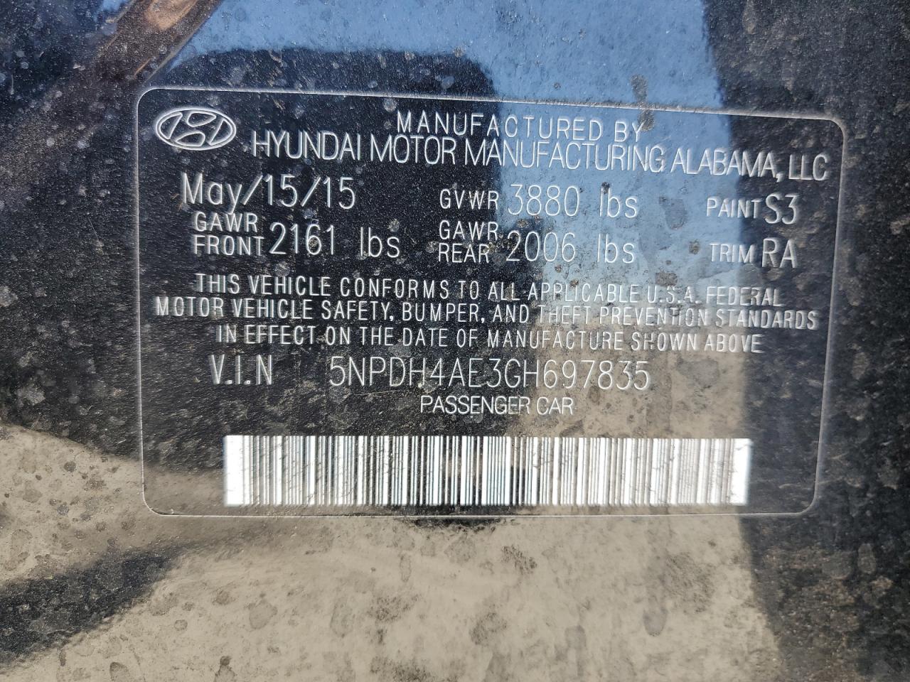 2016 Hyundai Elantra Se VIN: 5NPDH4AE3GH697835 Lot: 66917785