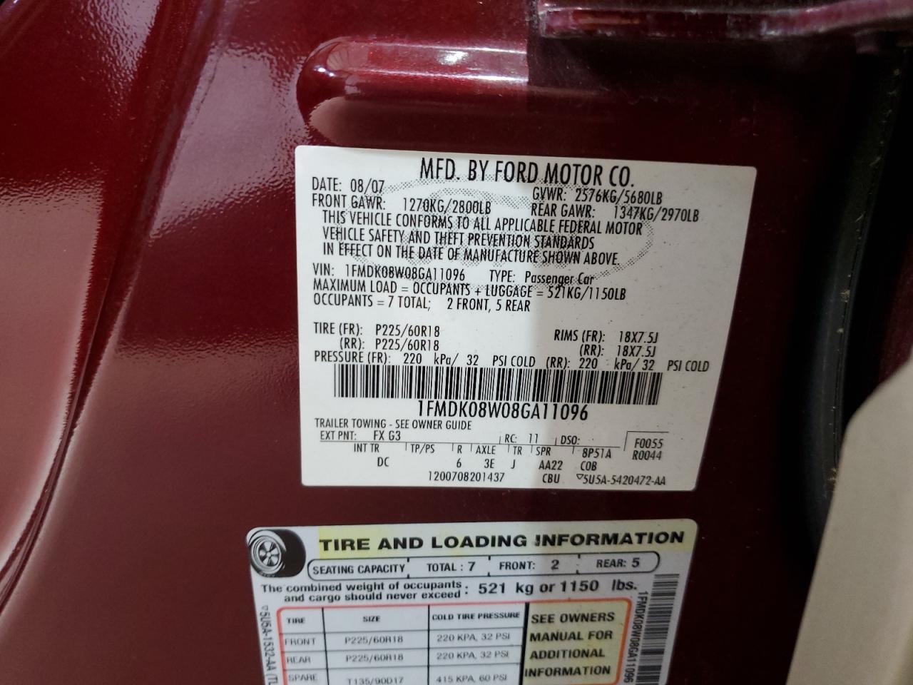 2008 Ford Taurus X Eddie Bauer VIN: 1FMDK08W08GA11096 Lot: 69011535