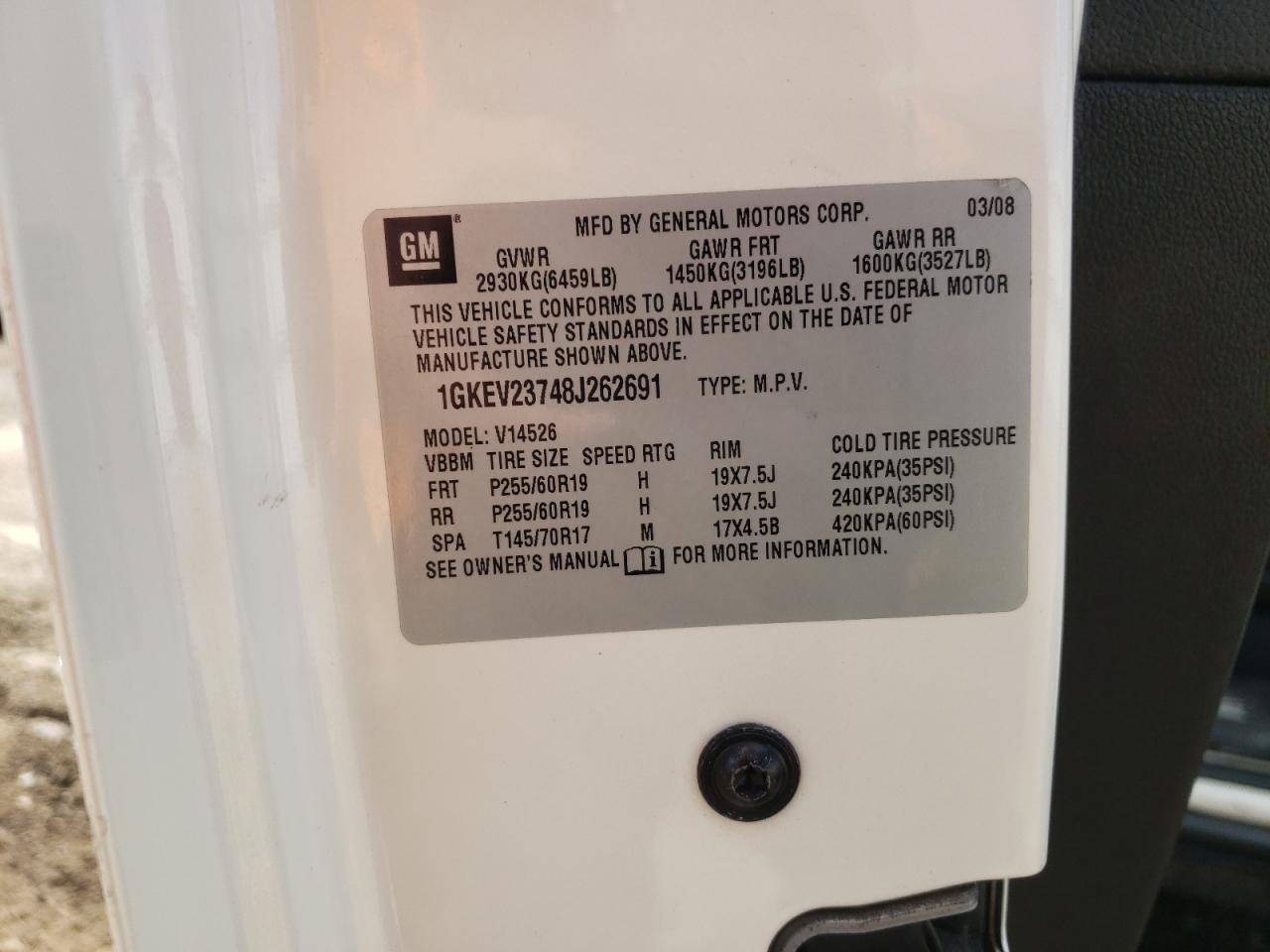 2008 GMC Acadia Slt-1 VIN: 1GKEV23748J262691 Lot: 69795395