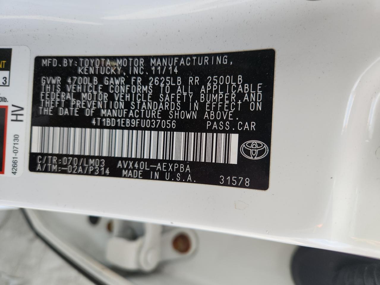 2015 Toyota Avalon Hybrid VIN: 4T1BD1EB9FU037056 Lot: 70151225