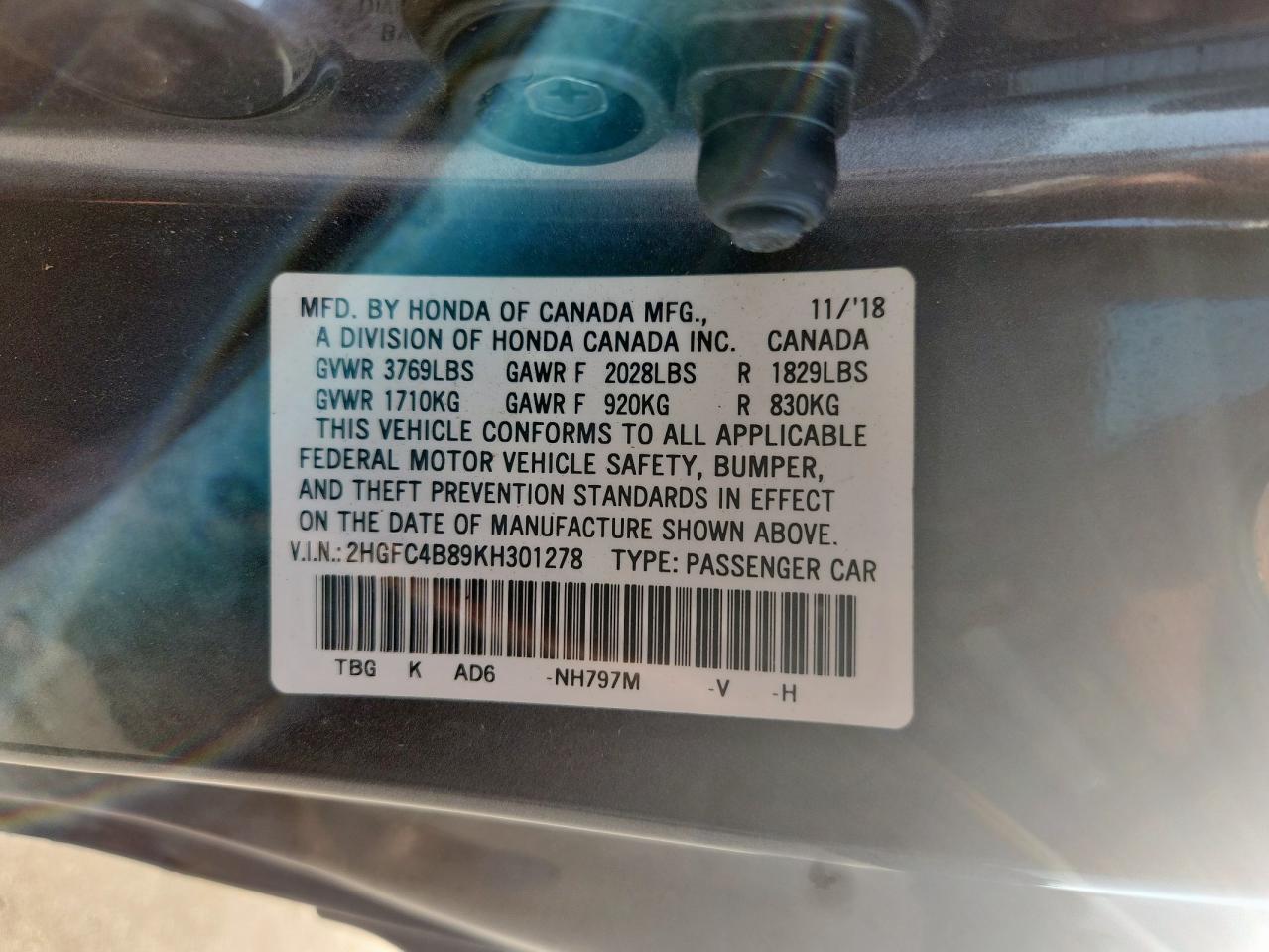 2019 Honda Civic Sport VIN: 2HGFC4B89KH301278 Lot: 68935585