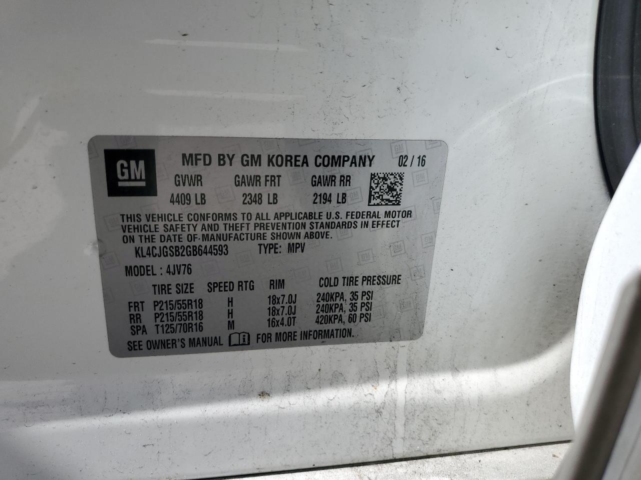 2016 Buick Encore VIN: KL4CJGSB2GB644593 Lot: 68737885