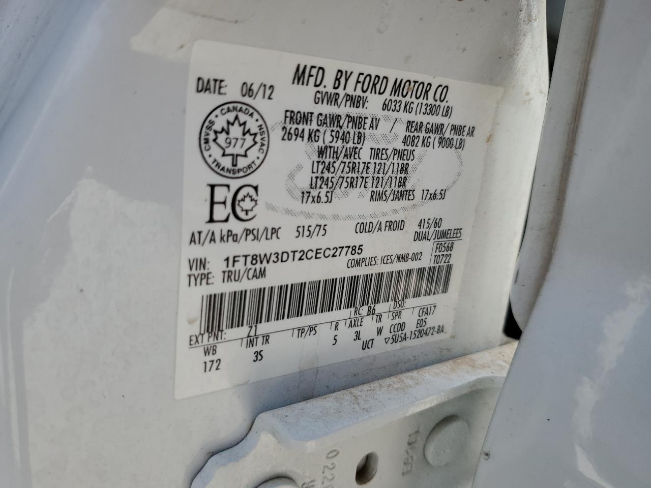 2012 Ford F350 Super Duty VIN: 1FT8W3DT2CEC27785 Lot: 70007845