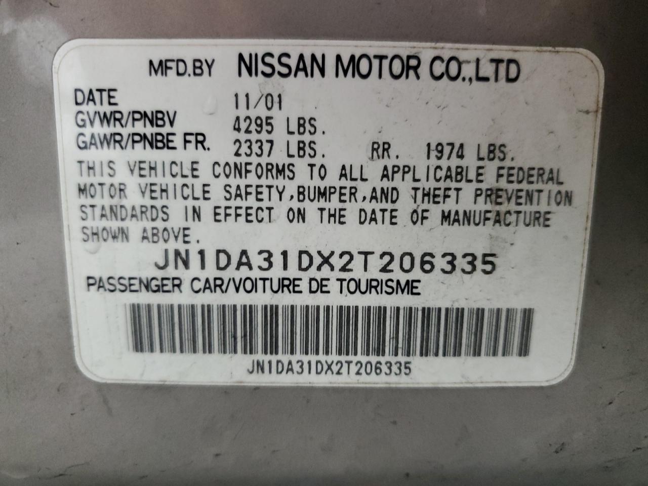 2002 Nissan Maxima Gle VIN: JN1DA31DX2T206335 Lot: 70159655