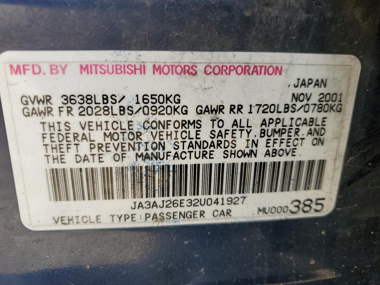 2002 Mitsubishi Lancer Es VIN: JA3AJ26E32U041927 Lot: 70715475