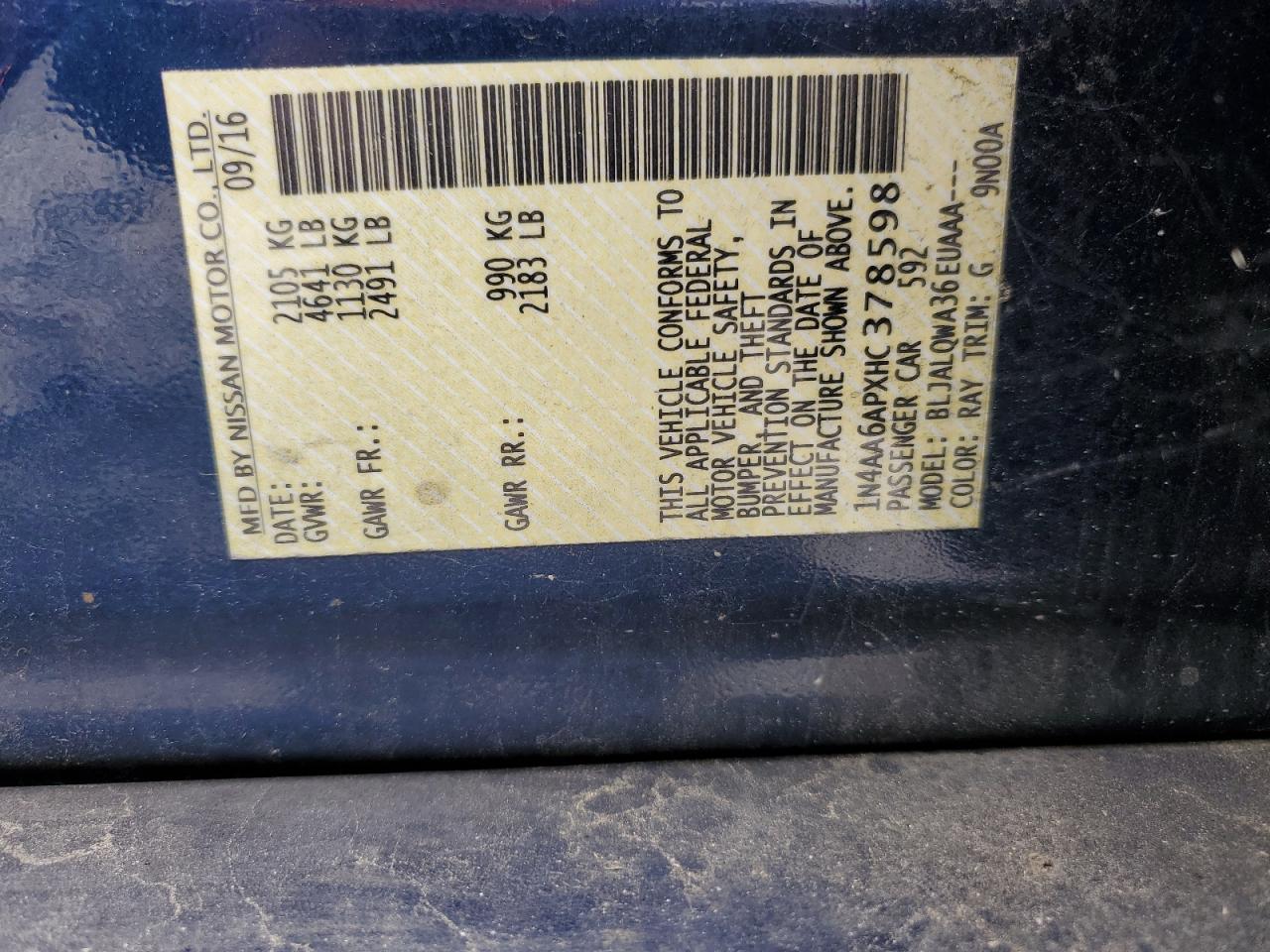 2017 Nissan Maxima 3.5S VIN: 1N4AA6APXHC378598 Lot: 68068255