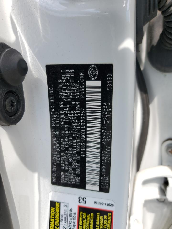 2020 Toyota Camry Xse VIN: 4T1K61AK0LU926257 Lot: 70341585