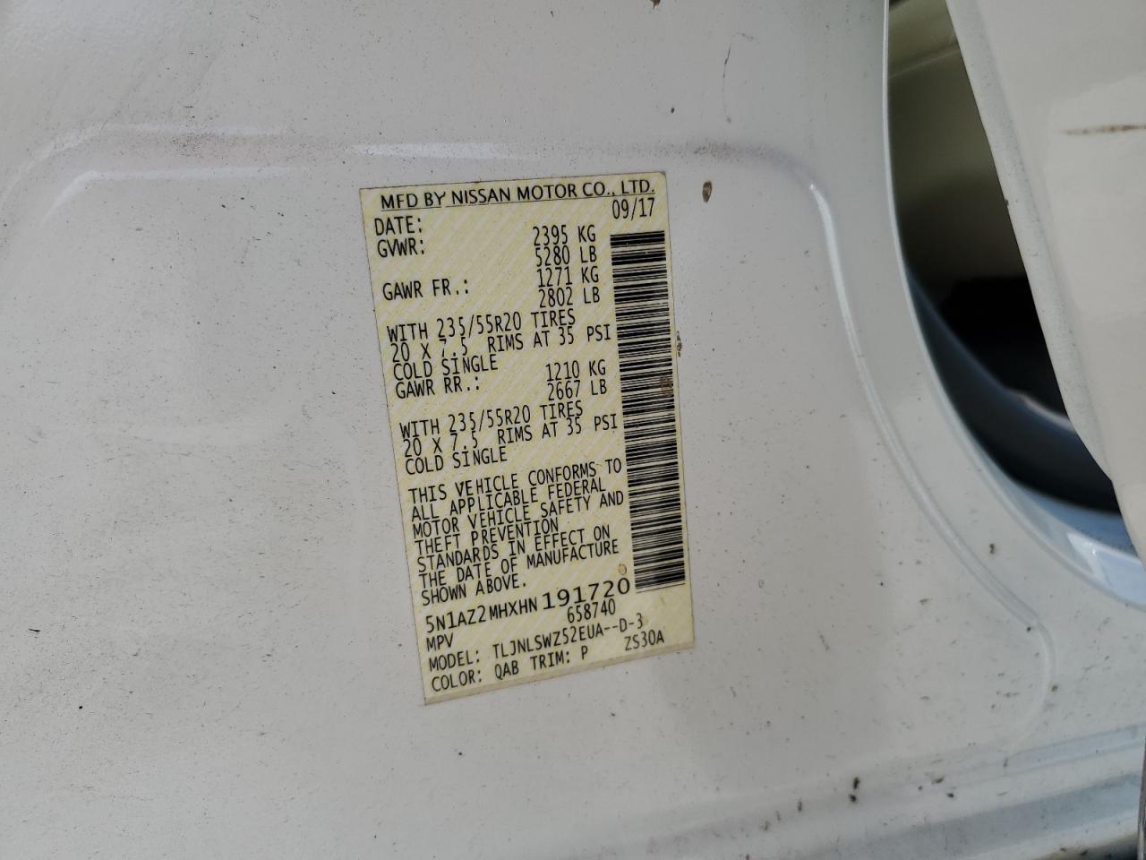 2017 Nissan Murano S VIN: 5N1AZ2MHXHN191720 Lot: 70209075