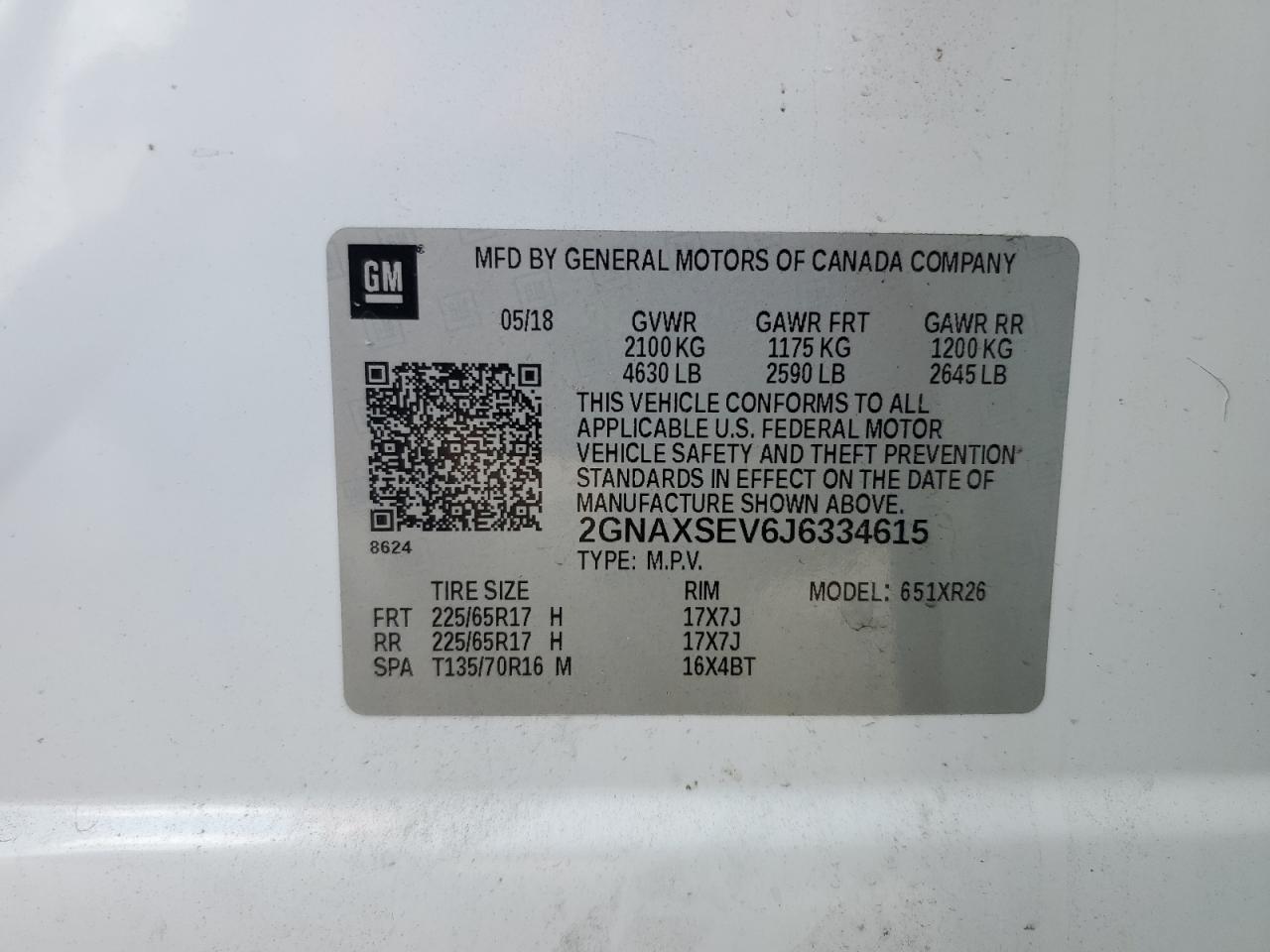 2018 Chevrolet Equinox Lt VIN: 2GNAXSEV6J6334615 Lot: 70364255