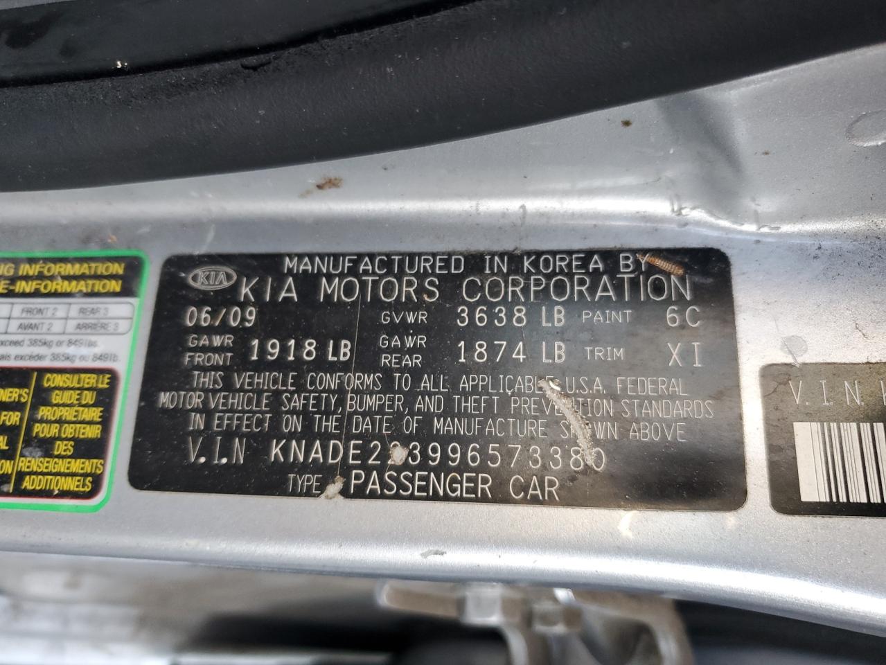 2009 Kia Rio Base VIN: KNADE223996573380 Lot: 70274375