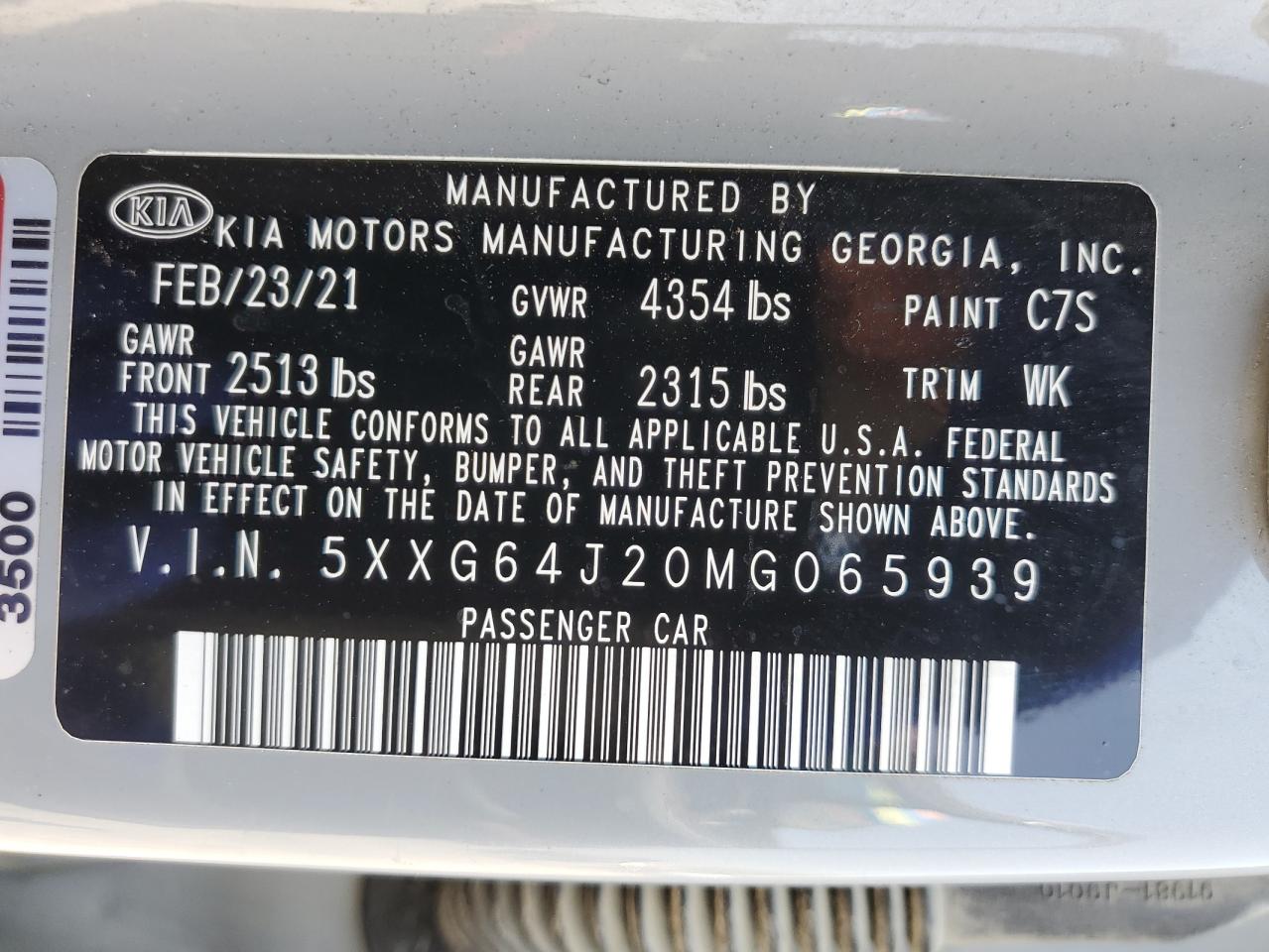 2021 Kia K5 Gt Line VIN: 5XXG64J20MG065939 Lot: 68868945