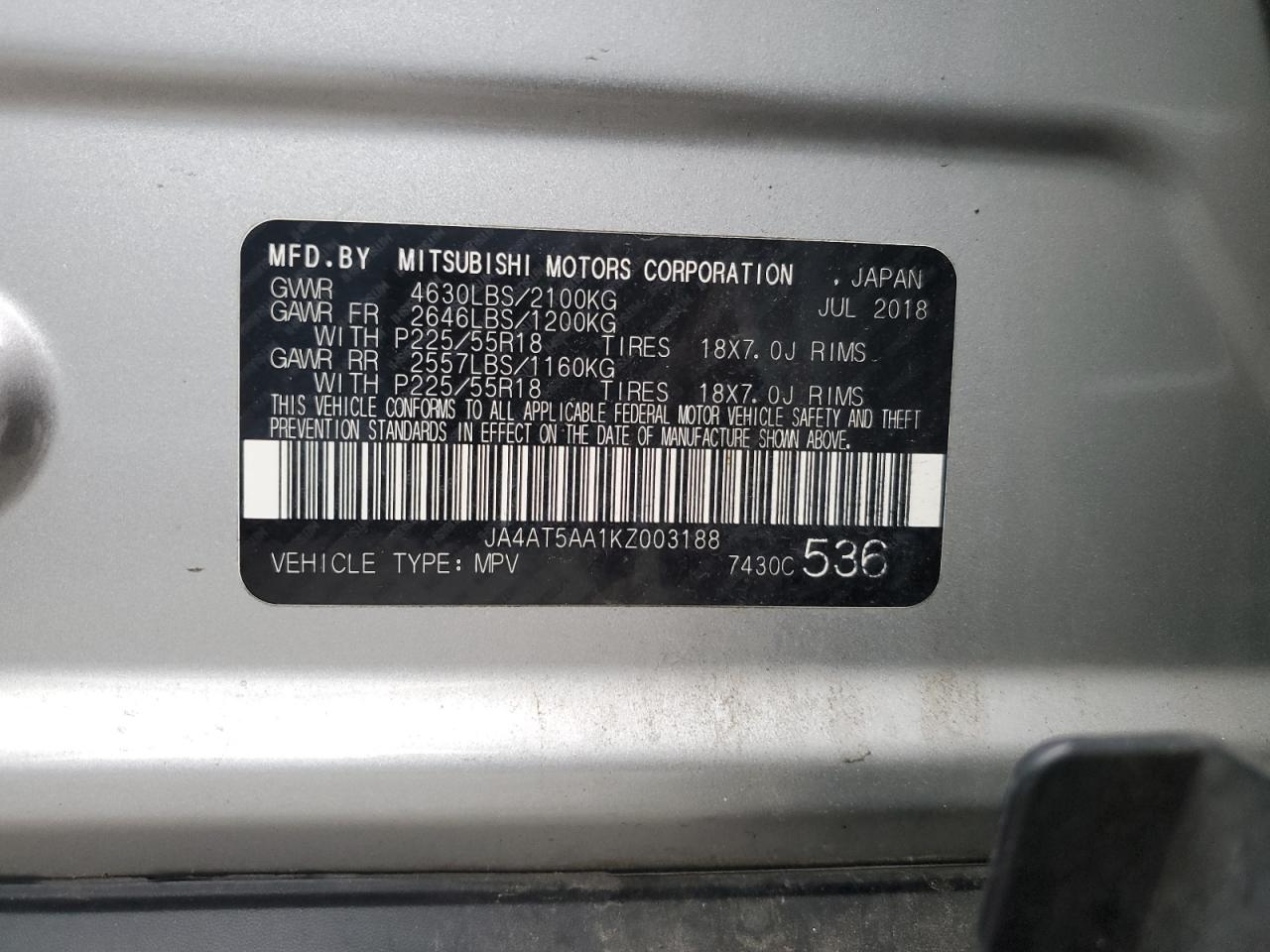 2019 Mitsubishi Eclipse Cross Se VIN: JA4AT5AA1KZ003188 Lot: 67401965