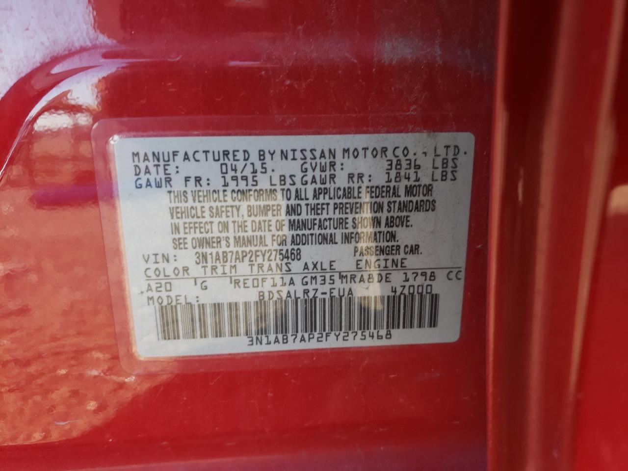 2015 Nissan Sentra S VIN: 3N1AB7AP2FY275468 Lot: 70269225