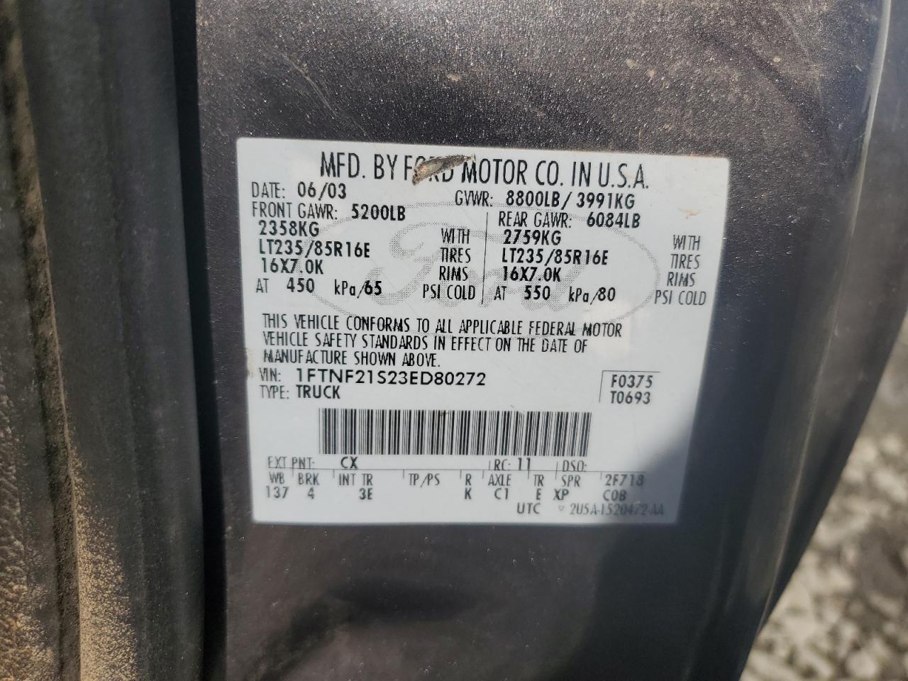 2003 Ford F250 Super Duty VIN: 1FTNF21S23ED80272 Lot: 67139705