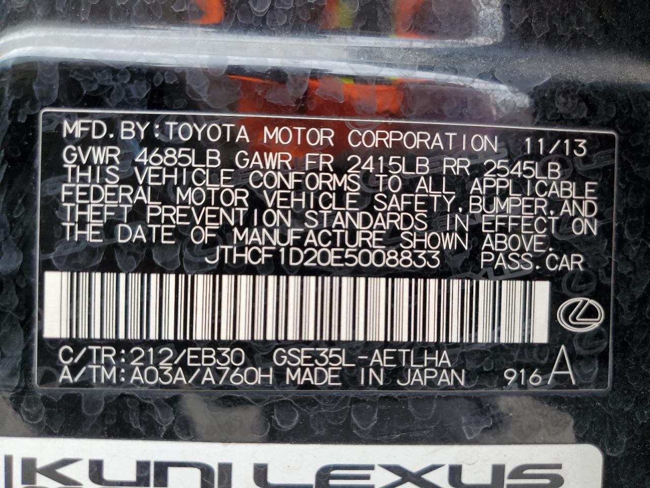 2014 Lexus Is 250 VIN: JTHCF1D20E5008833 Lot: 68272585