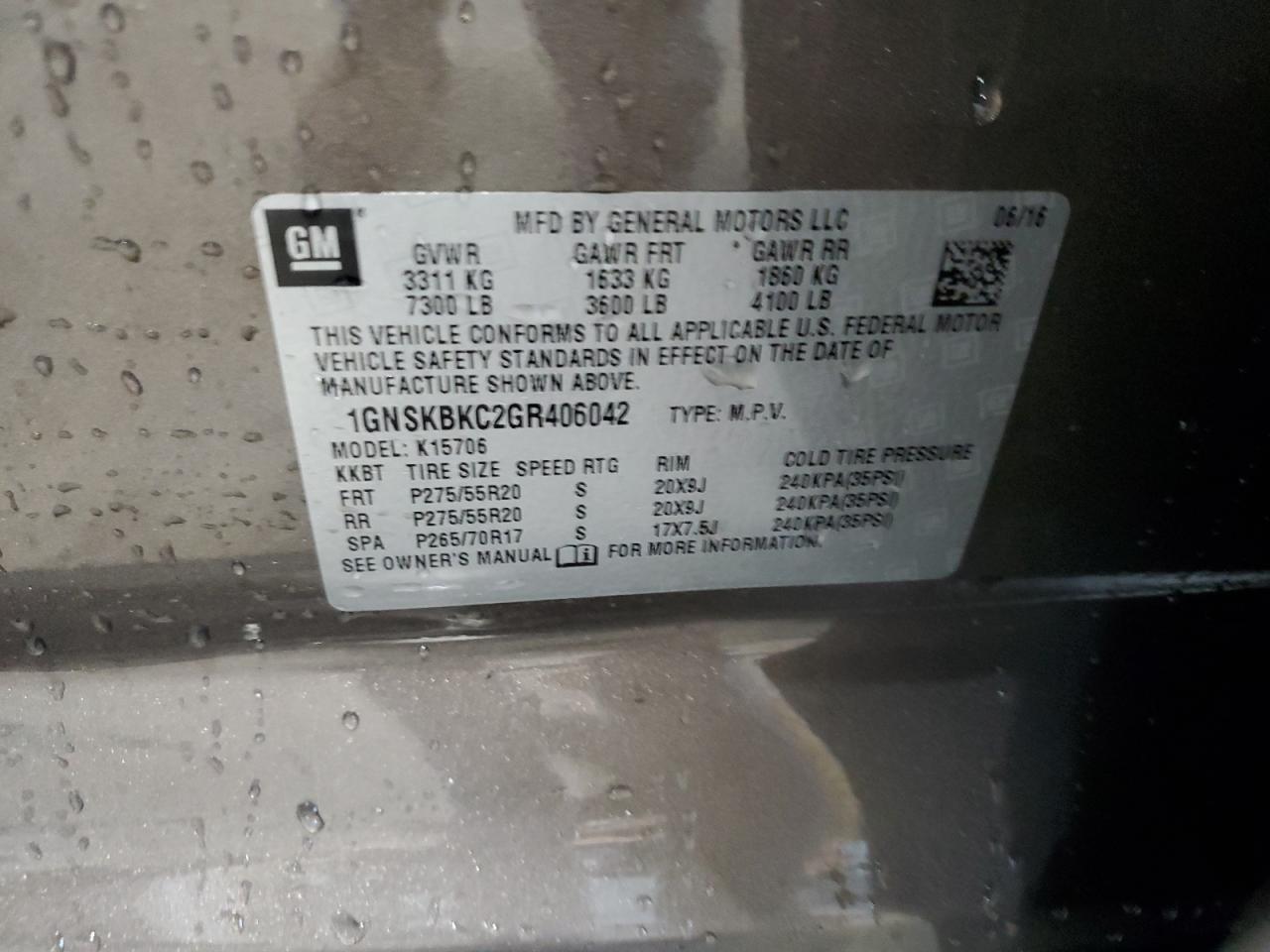 2016 Chevrolet Tahoe K1500 Lt VIN: 1GNSKBKC2GR406042 Lot: 68439775