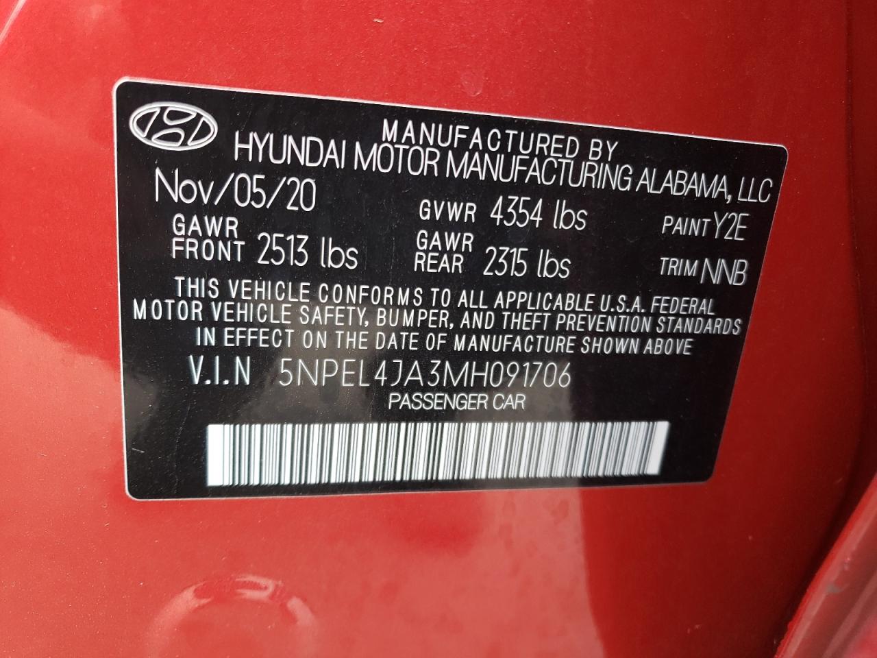 2021 Hyundai Sonata Sel VIN: 5NPEL4JA3MH091706 Lot: 70000315