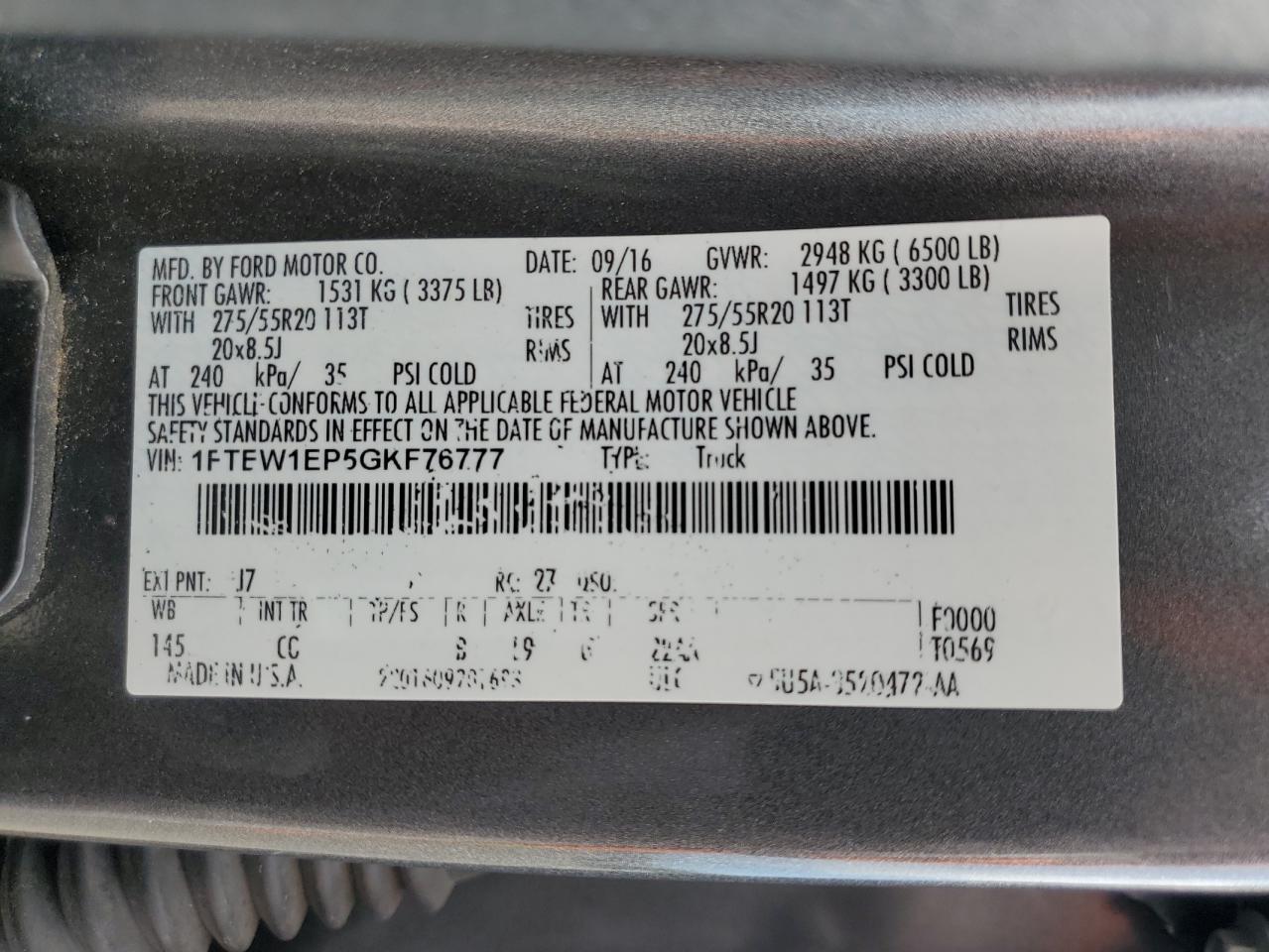 2016 Ford F150 Supercrew VIN: 1FTEW1EP5GKF76777 Lot: 70725645