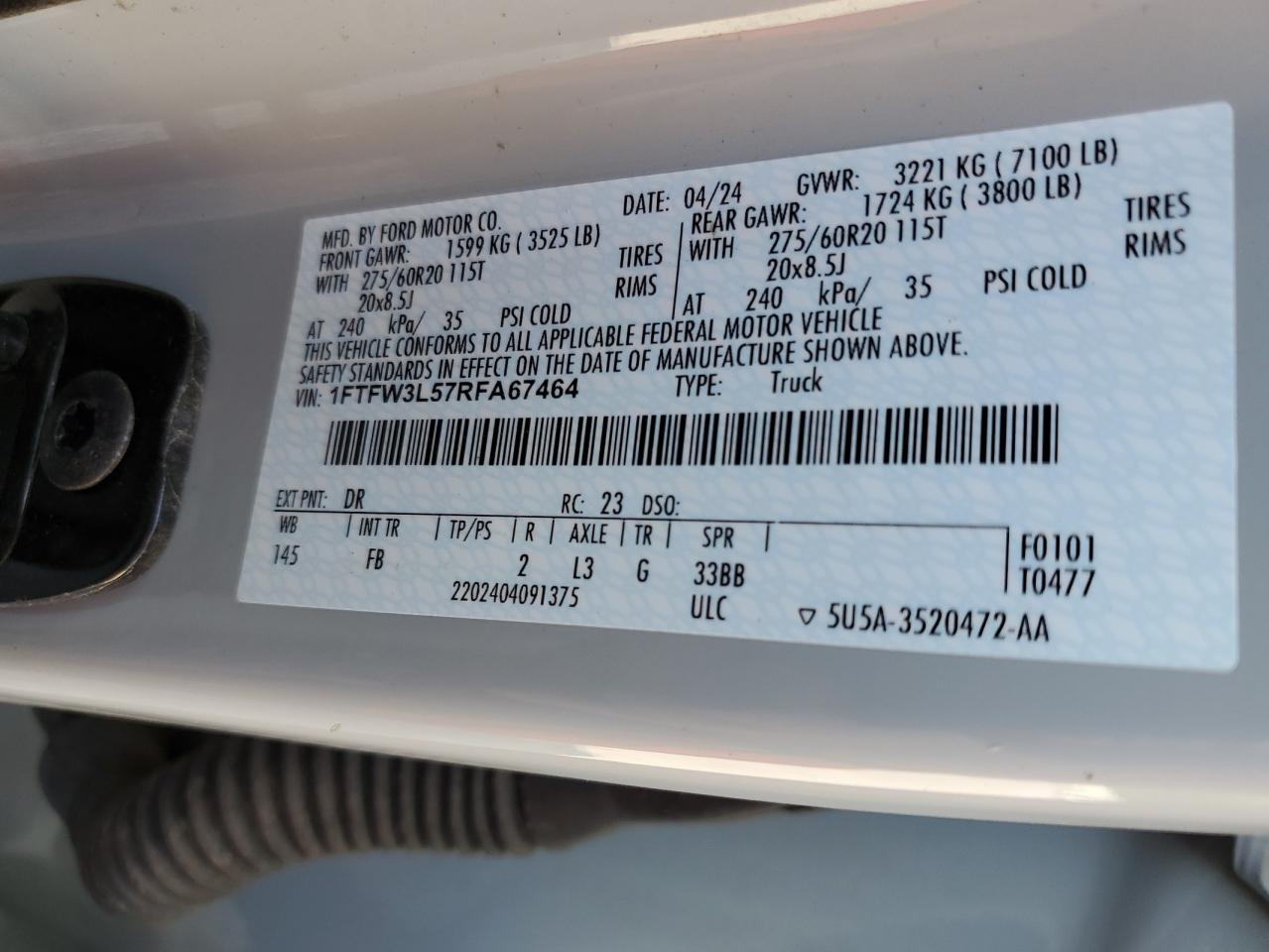 2024 Ford F150 Xlt VIN: 1FTFW3L57RFA67464 Lot: 68777245