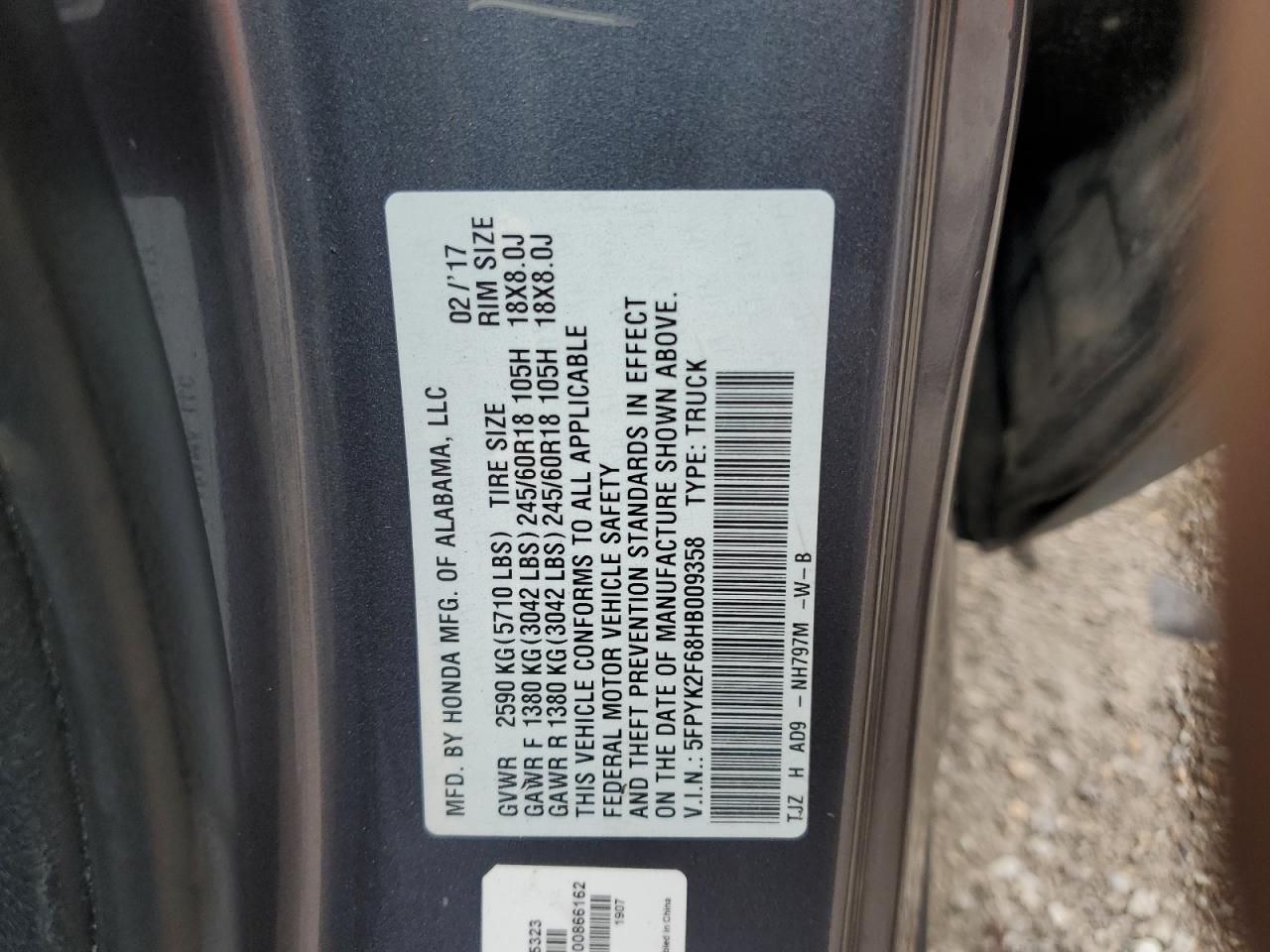 2017 Honda Ridgeline Rtl VIN: 5FPYK2F68HB009358 Lot: 69939965