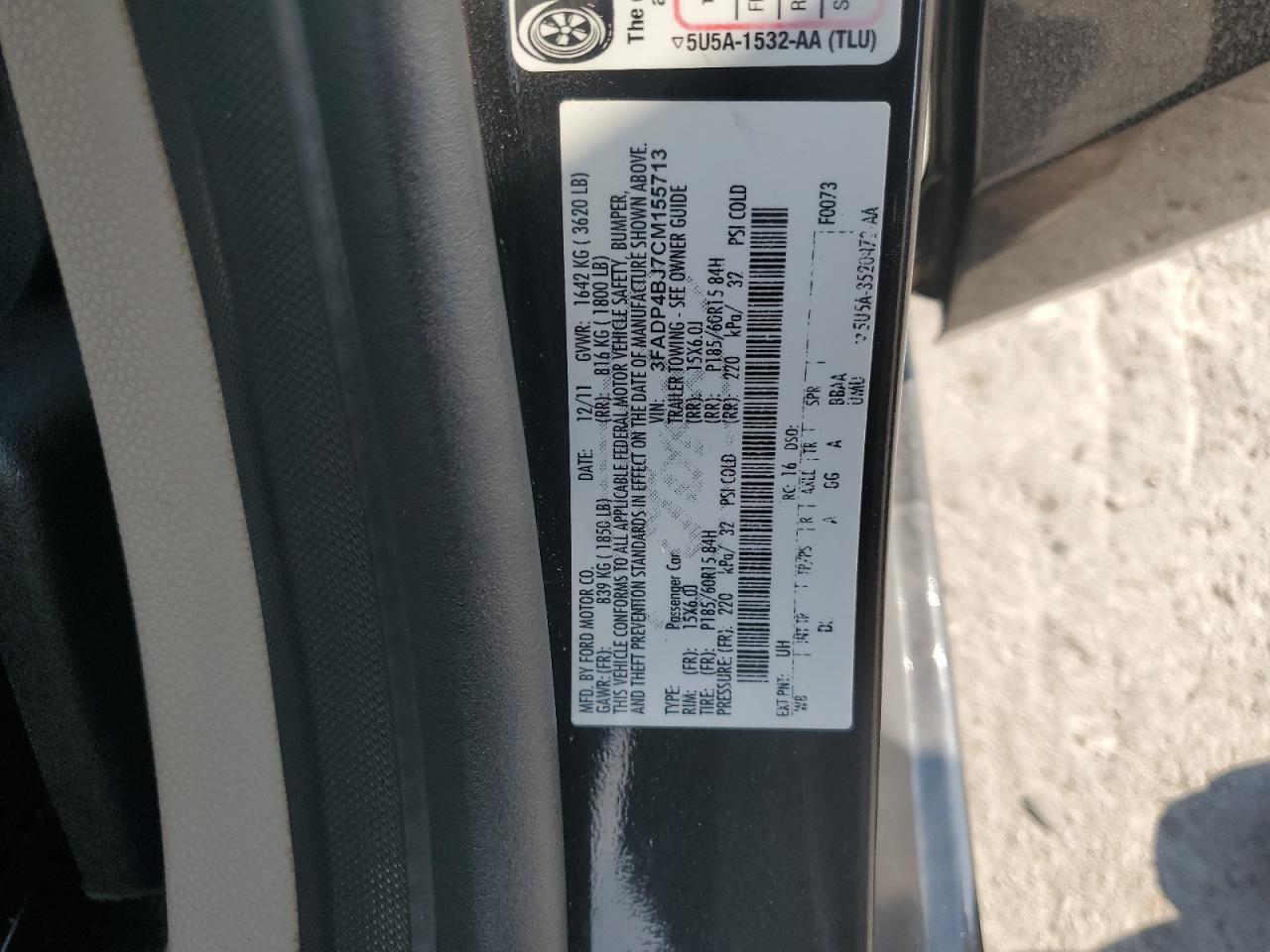 2012 Ford Fiesta Se VIN: 3FADP4BJ7CM155713 Lot: 69510645