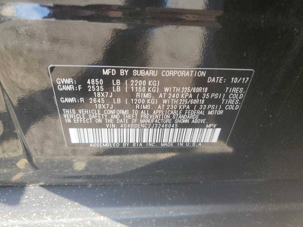 2018 Subaru Outback 3.6R Limited VIN: 4S4BSENC2J3246045 Lot: 68077465