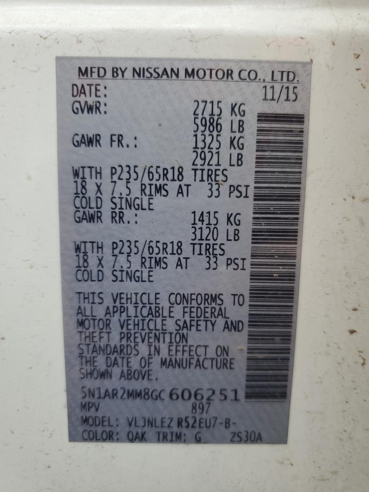 2016 Nissan Pathfinder S VIN: 5N1AR2MM8GC606251 Lot: 70004695