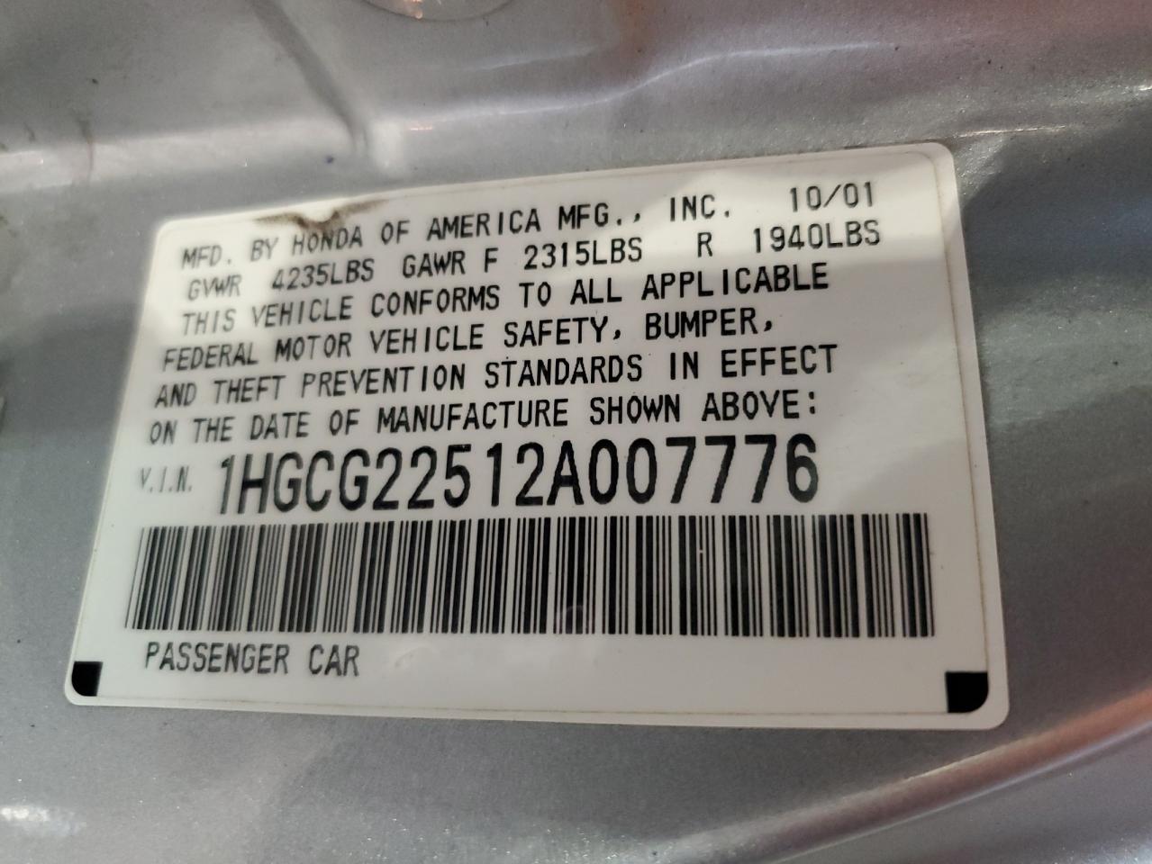 2002 Honda Accord Ex VIN: 1HGCG22512A007776 Lot: 66792425