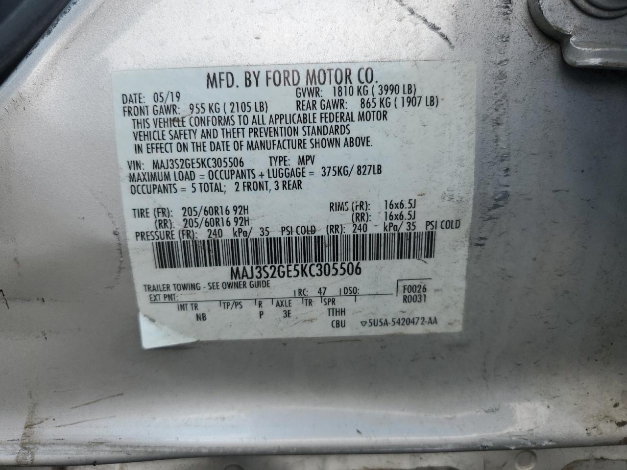 2019 Ford Ecosport Se VIN: MAJ3S2GE5KC305506 Lot: 69106275