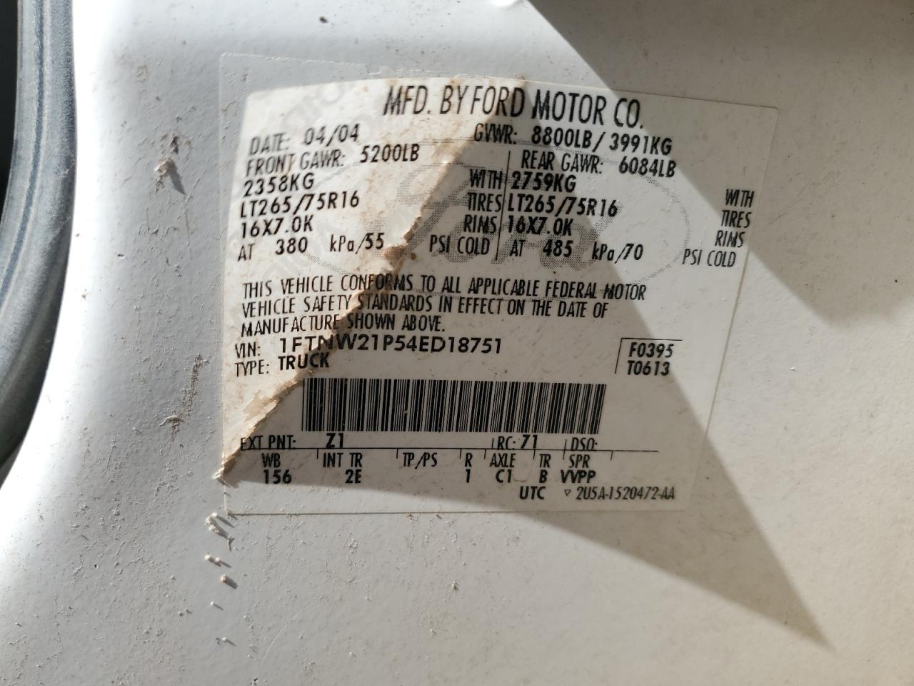 2004 Ford F250 Super Duty VIN: 1FTNW21P54ED18751 Lot: 68314185