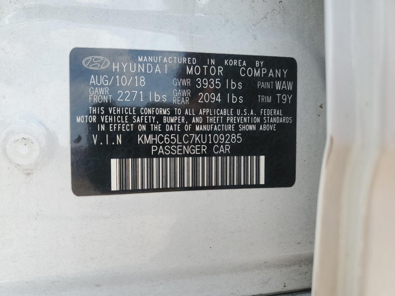 2019 Hyundai Ioniq Blue VIN: KMHC65LC7KU109285 Lot: 67490385