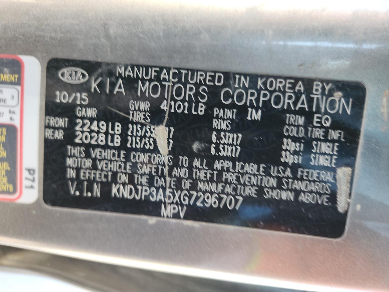 2016 Kia Soul + VIN: KNDJP3A5XG7296707 Lot: 70450365