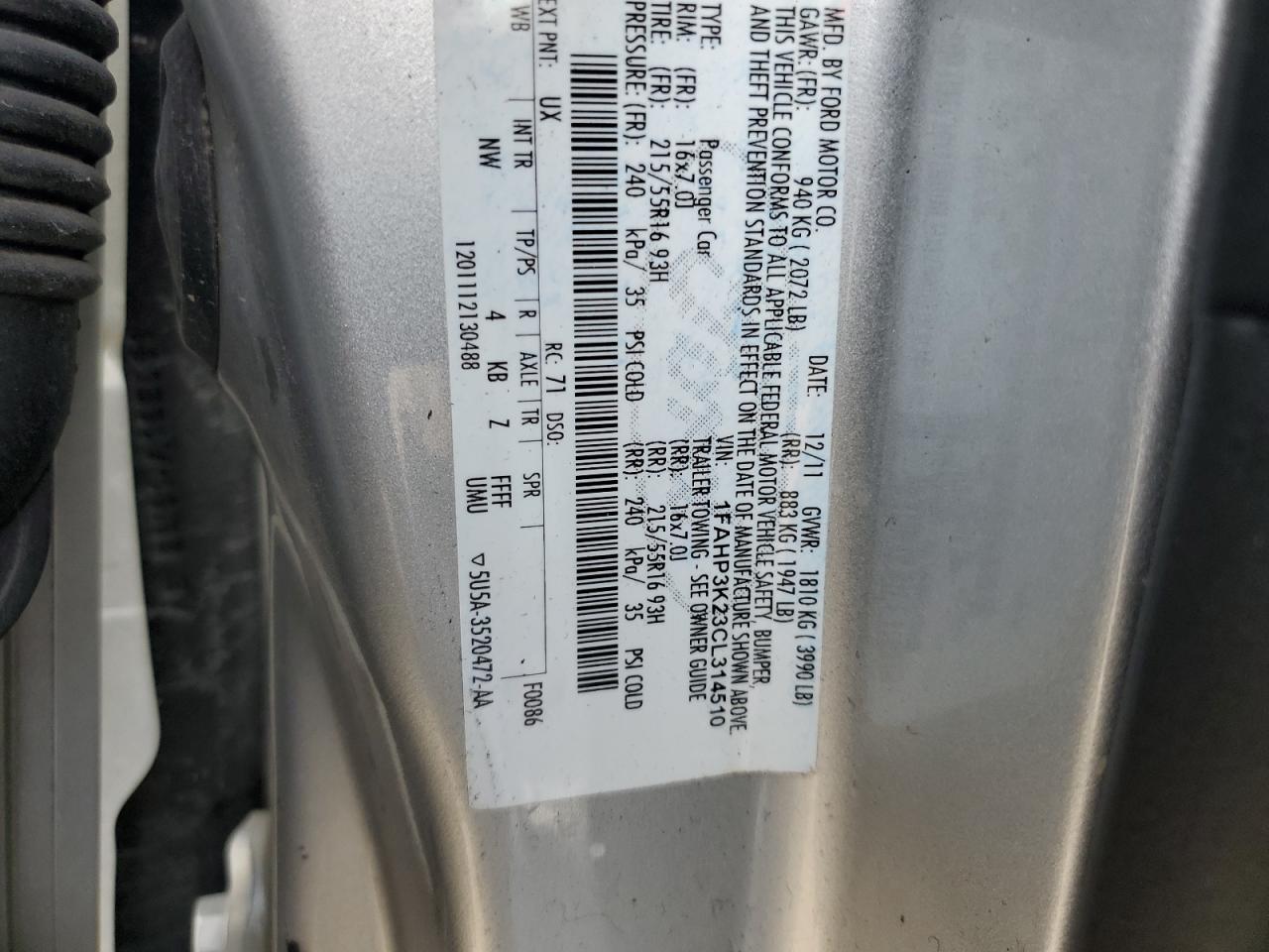 2012 Ford Focus Se VIN: 1FAHP3K23CL314510 Lot: 70675565