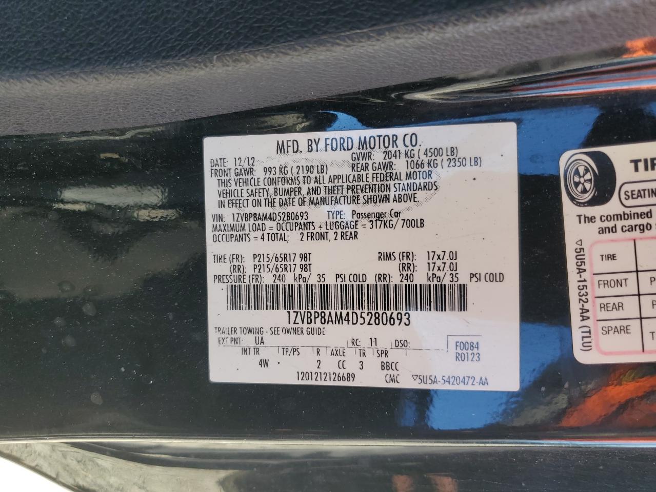 2013 Ford Mustang VIN: 1ZVBP8AM4D5280693 Lot: 70211105