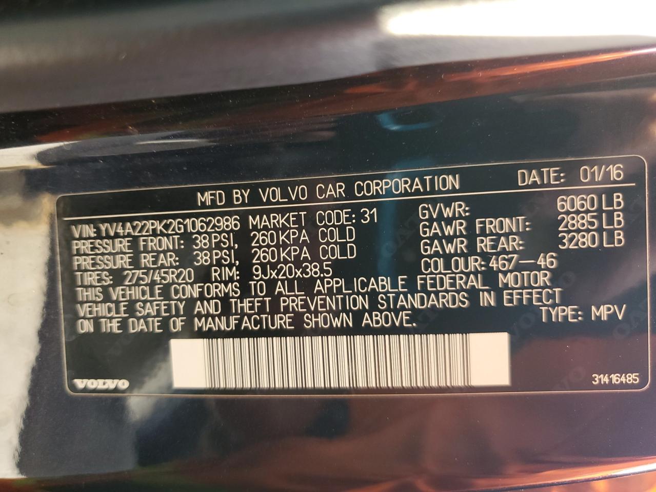 2016 Volvo Xc90 T6 VIN: YV4A22PK2G1062986 Lot: 67454075