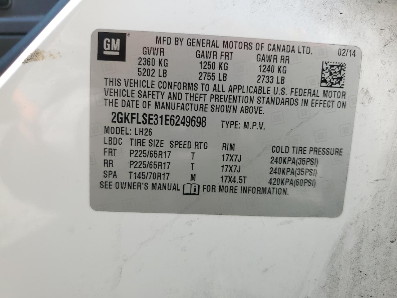 2014 GMC Terrain Slt VIN: 2GKFLSE31E6249698 Lot: 69864945