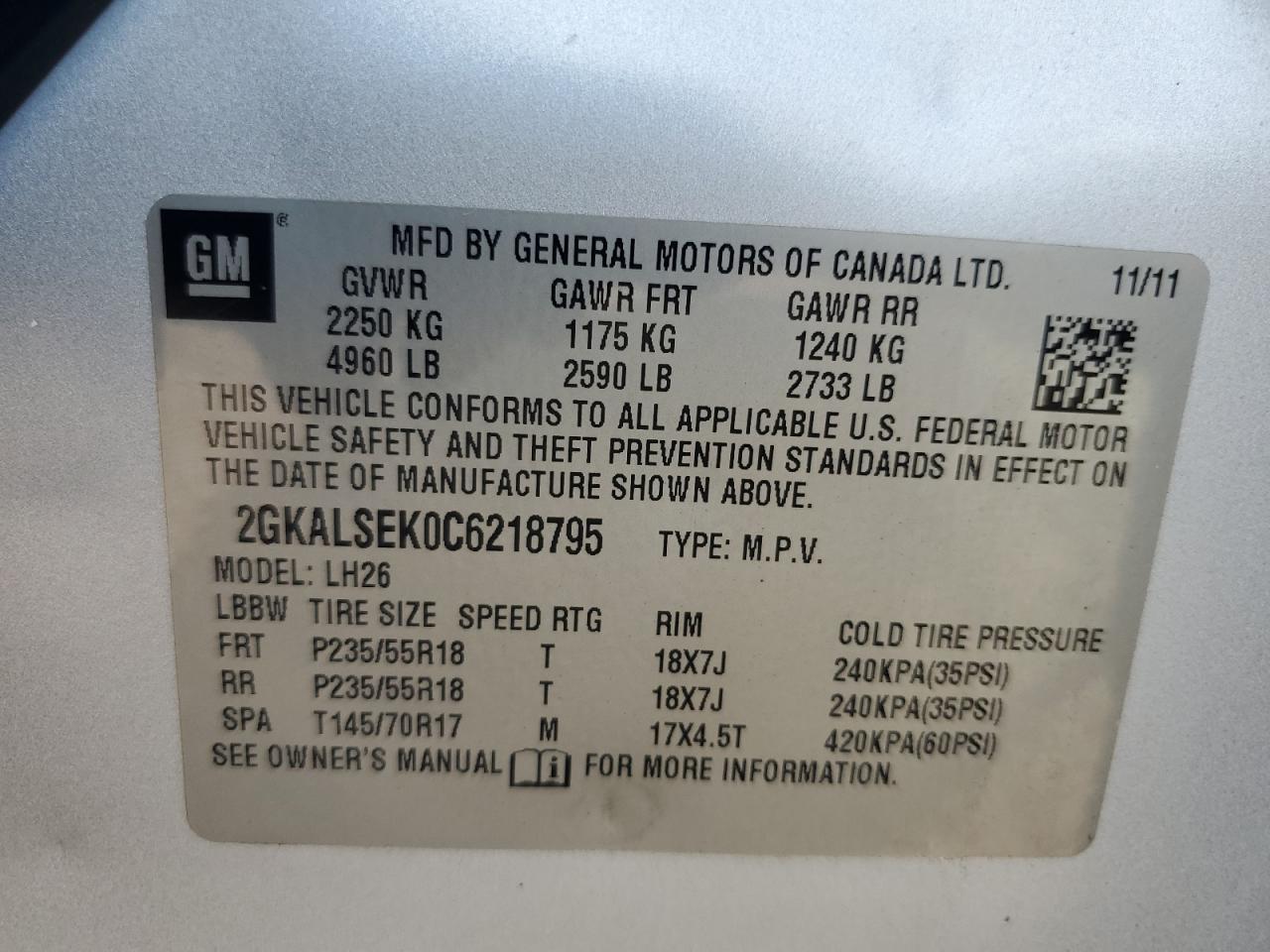 2012 GMC Terrain Sle VIN: 2GKALSEK0C6218795 Lot: 69320875