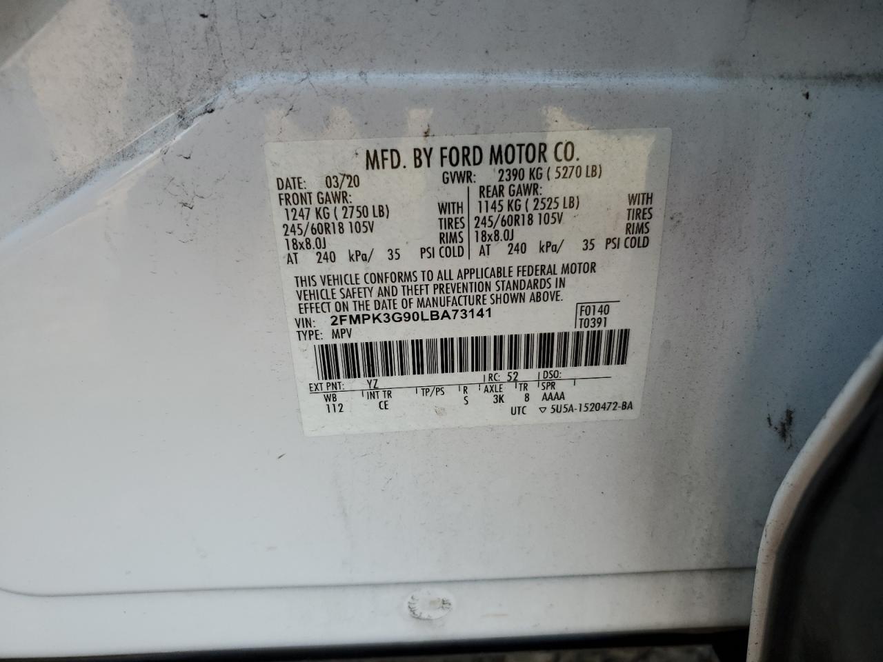 2020 Ford Edge Se VIN: 2FMPK3G90LBA73141 Lot: 89879835