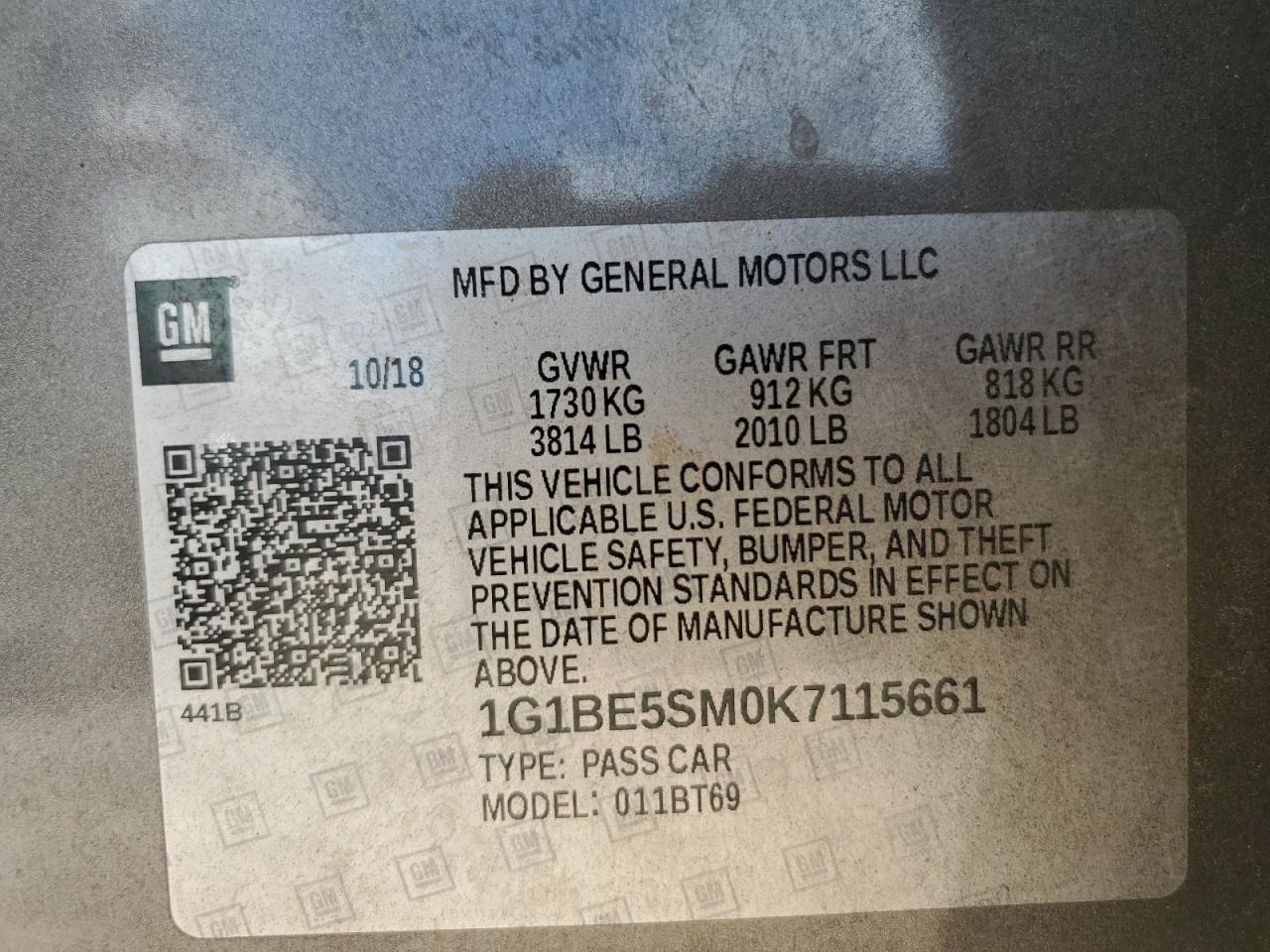 2019 Chevrolet Cruze Lt VIN: 1G1BE5SM0K7115661 Lot: 68943605