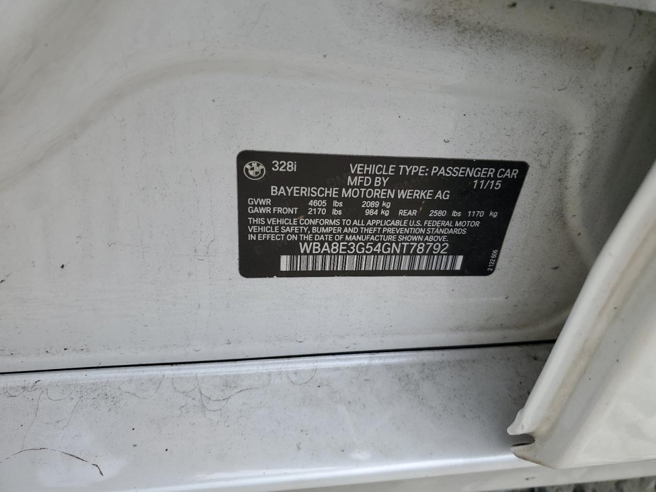 2016 BMW 328 Xi Sulev VIN: WBA8E3G54GNT78792 Lot: 68442065
