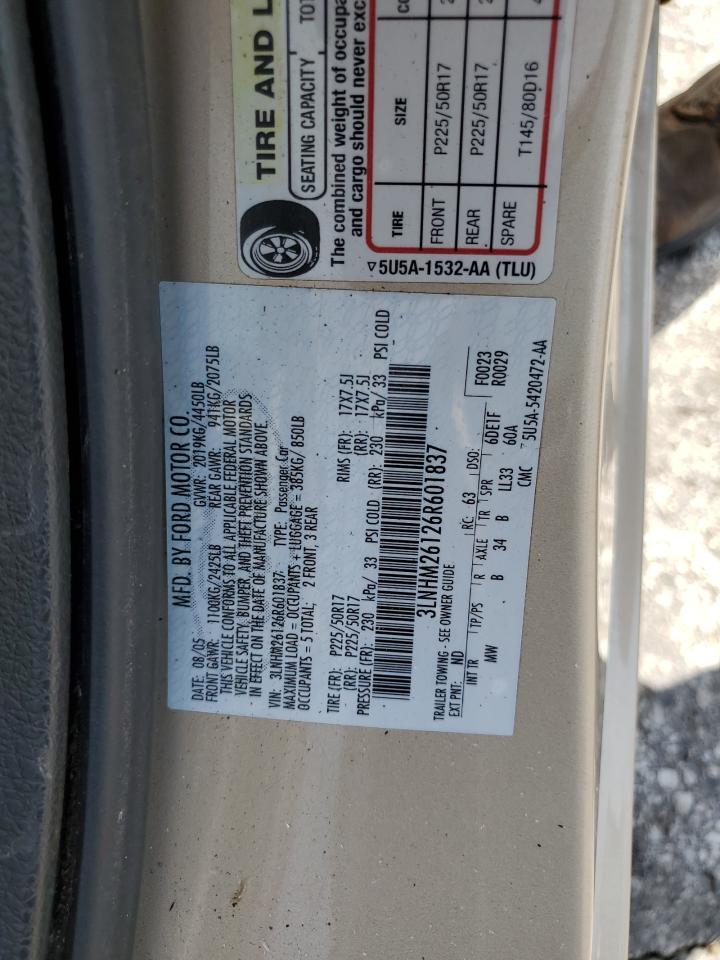 2006 Lincoln Zephyr VIN: 3LNHM26126R601837 Lot: 69236095