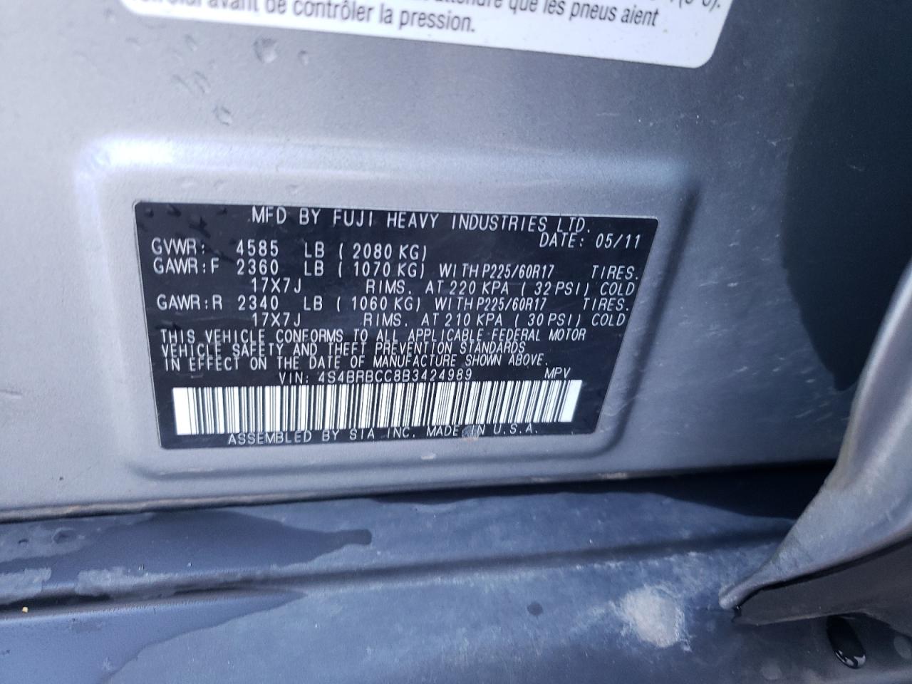 2011 Subaru Outback 2.5I Premium VIN: 4S4BRBCC8B3424989 Lot: 69308915